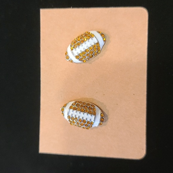 Football NFL sport theme stud earrings - brown rhinestone white enamel NWT - Picture 4 of 10
